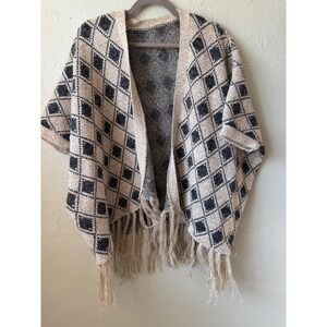 Womens Geometric Diamond‎ Print Fringe Kimono Cardigan Shawl